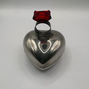 Vintage Heart Shaped with Ring on Top Silvertone Metal Trinket Box